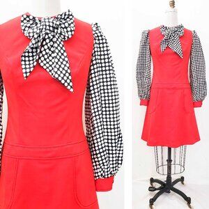 Vintage 60s Accent West Womens Mod Red Mini Dress Black White Polka Dot Bow